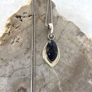 Sterling Silver 925 Marquise Bezel Set Amethyst Cabochon Pendant Necklace 18"